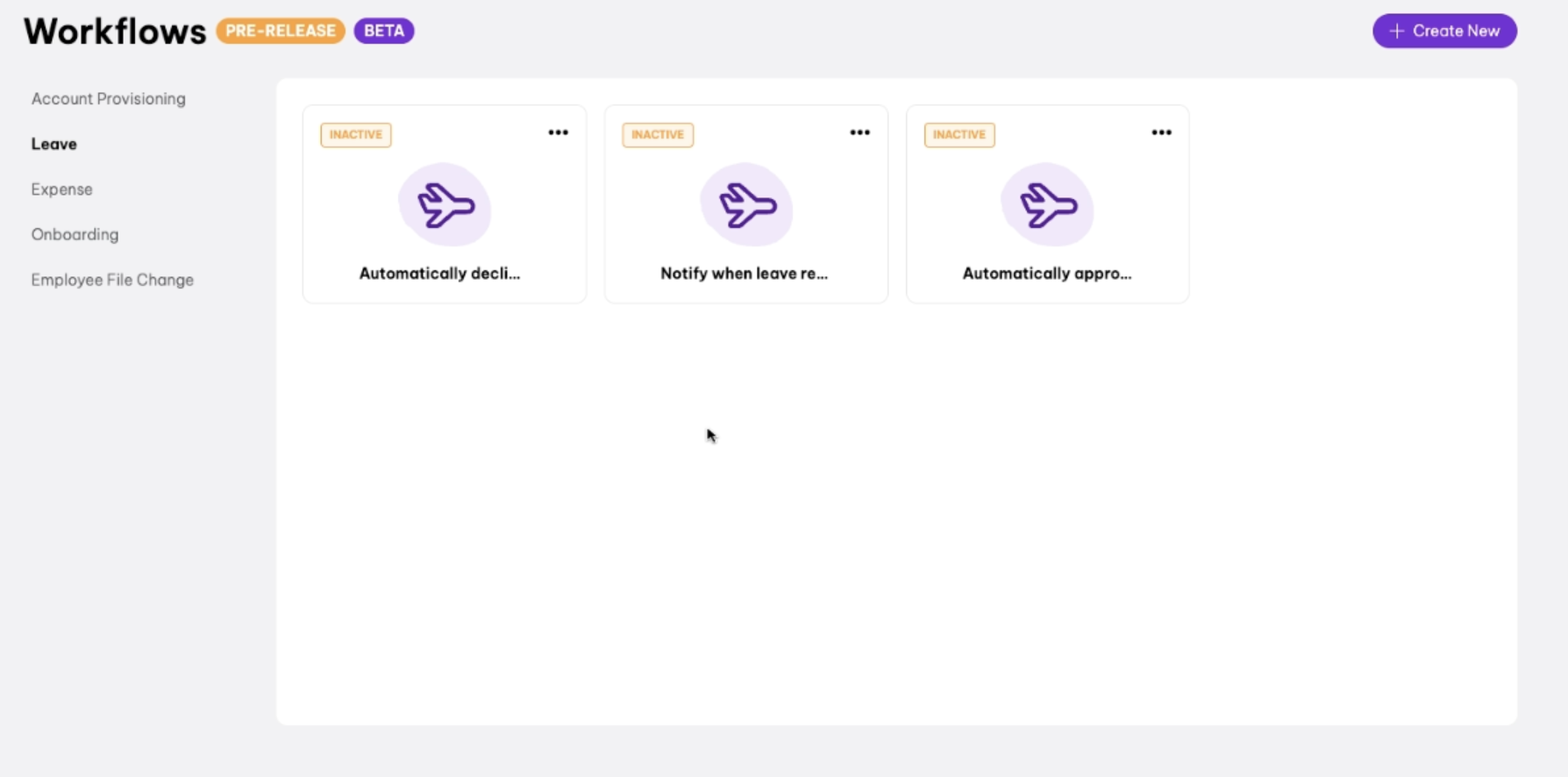 Workflows interface in pre-release beta, displaying options for leave-related automation. Three inactive workflows are shown: 'Automatically decline,' 'Notify when leave request is submitted,' and 'Automatically approve.' Navigation options on the left include Account Provisioning, Leave, Expense, Onboarding, and Employee File Change. A 'Create New' button is at the top right.